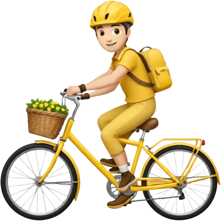 A courier on a yellow bicycle wearing yellow clothes, riding from left to right emoji