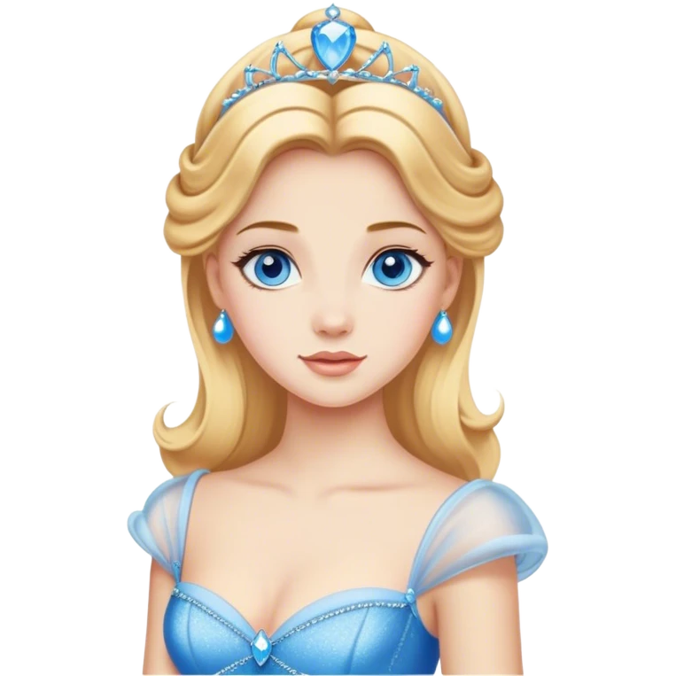 Cinematic Realistic Comical Cinderella Portrait, with every detail rendered realistically—from the soft, smooth texture of her fair skin to her artfully styled golden-blonde hair. Her bright blue eyes are wide with playful disbelief, and her expression carries a touch of whimsical humor while retaining elegant poise. Her classic ball gown, detailed with rich fabric textures and natural shadows, catches the light in a way that blends refined beauty with a hint of cheeky mischief, creating a striking, lifelike portrayal. emoji