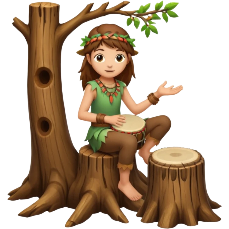 forest spirit girl with short brown mullet playing hand drum, sitting on tree stump emoji