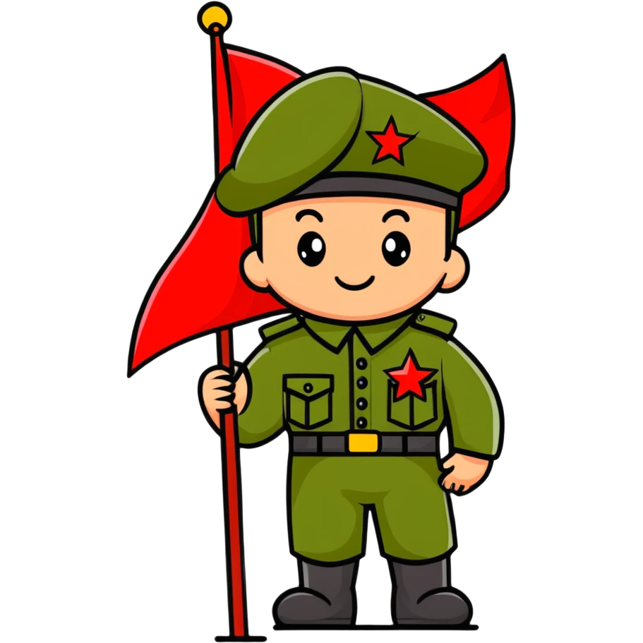 military boy in Soviet green uniform holding a red flag with "9 мая" emoji