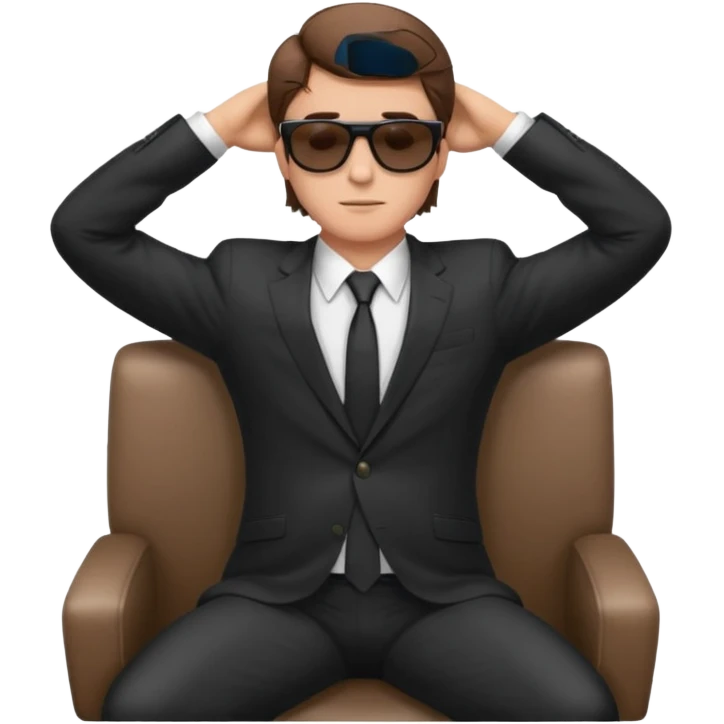 white man with brown hairs in formal suit wearing sunglasses resting with hands behind head emoji
