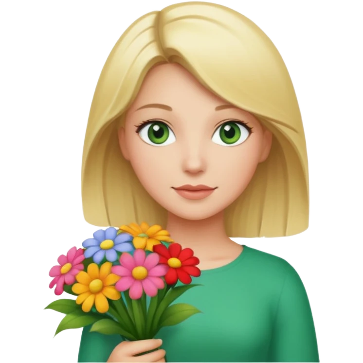 blonde woman with geen eyes holdingg a big bouquet of flowers  emoji