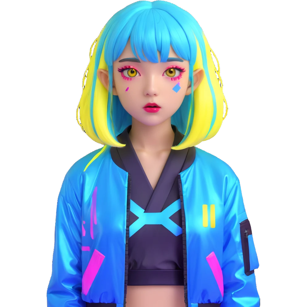 Cyberpunk Japanese girl with neon blue wig, holographic jacket, digital glitches effect, dark background with purple neon glow emoji