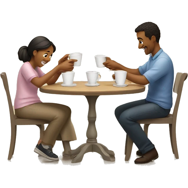 An emoji of a family—mother, father, and child—sitting at a table, playing a cup game with paper cups arranged on the table as they have fun together emoji