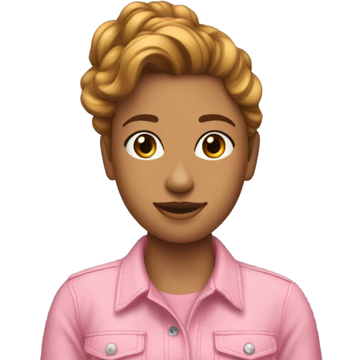 Una chica con pelo ondulado con una blusa rosa y un cháquelo de jean  emoji