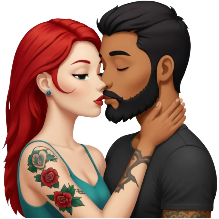 Long red hair woman with white skin kissing man with tan skin, short black hair, beard, & tattoos emoji