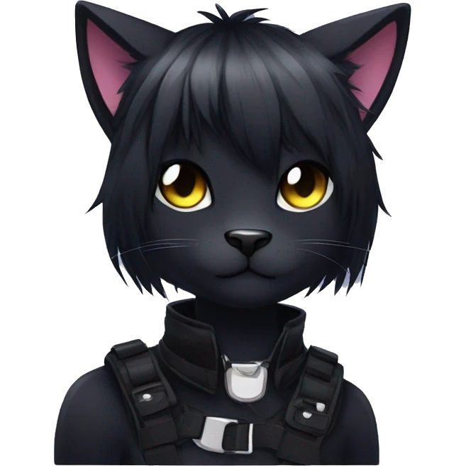 Anthro Cool Black Cat-Fursona-Fakemon with Emo Hair-bangs with Chest Harness emoji