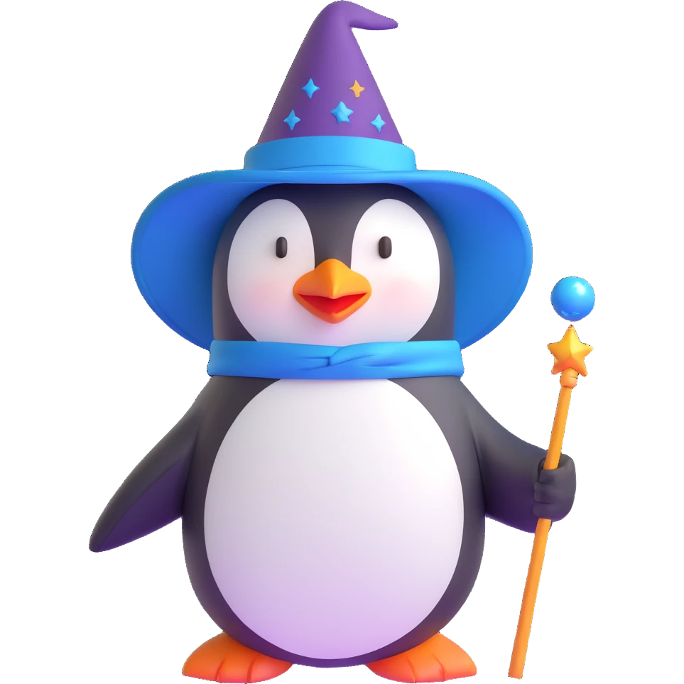 penguin wizard with magic wand and pointed hat emoji