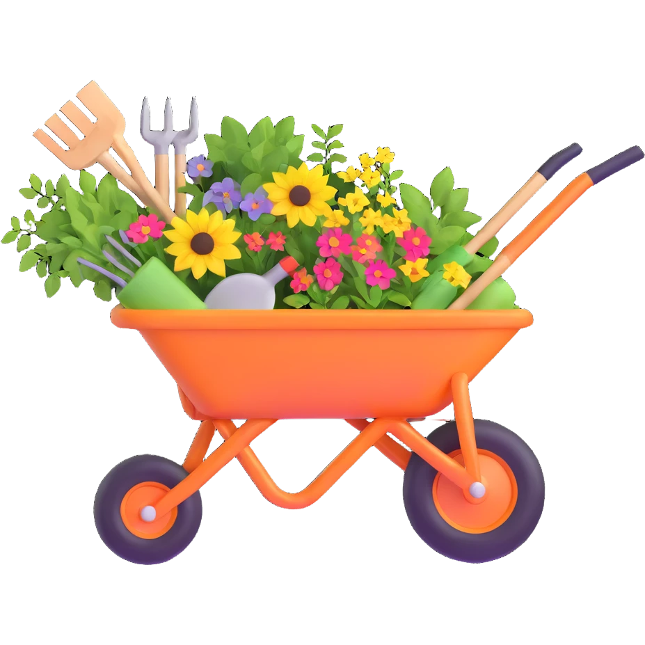 wheelbarrow with gardening tools emoji