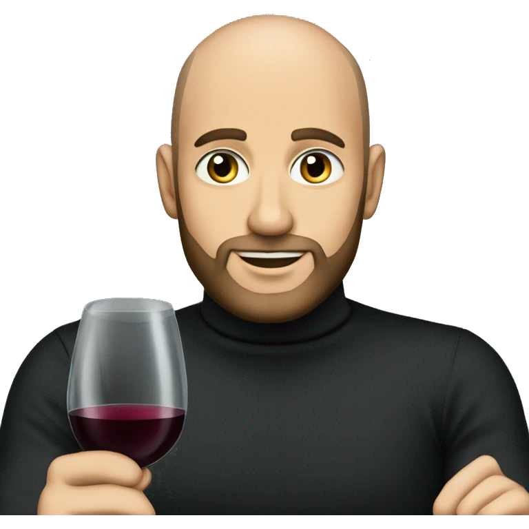A handsome bald man with a short beard and blue eyes in a black turtleneck with a glass of wine emoji