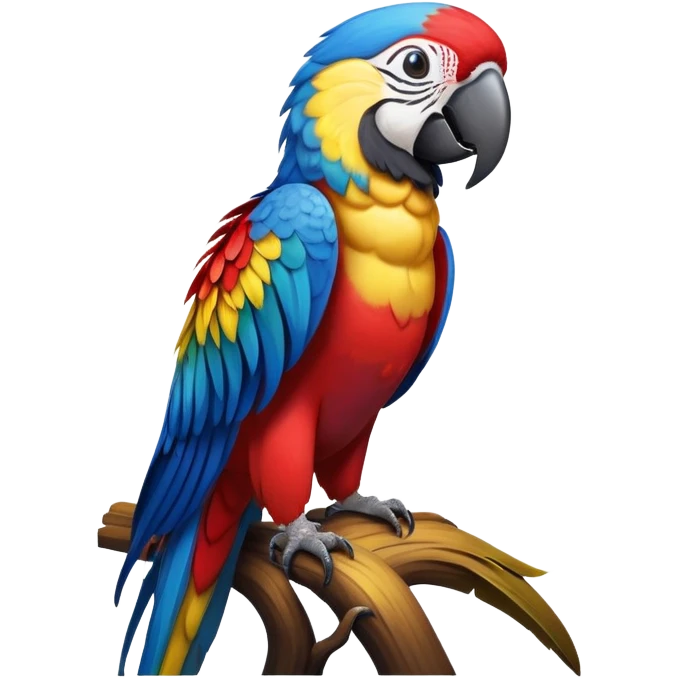 cinematic-macaw-realistic-full-body-standing-emoji,-vibrant-feathers-glowing-with-rich-reds,-blues,-and-yellows,-head-tilted-dramatically,-curved white-beak-gleaming,-piercing-dark-eyes-exuding-confidence,-simplified-yet-realistic-focused emoji