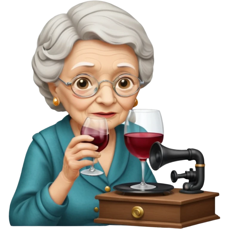 old lady with wineglass listening to gramophone emoji