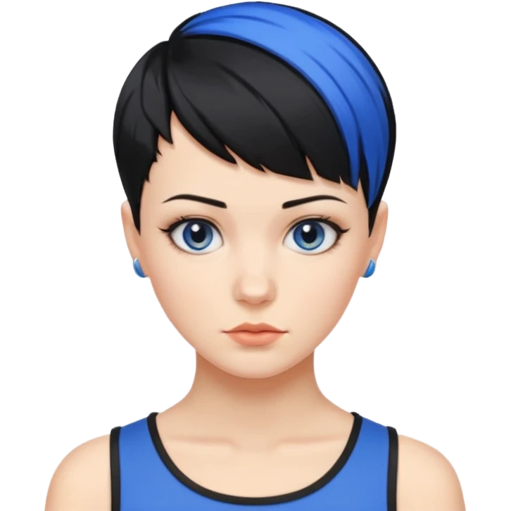 frau freche extreme schwarze Kurzhaarfrisur eine Seite wirklich fast keine Haare andere Seite mit blauer Strähne kurze Seite noch viel kürzer emoji