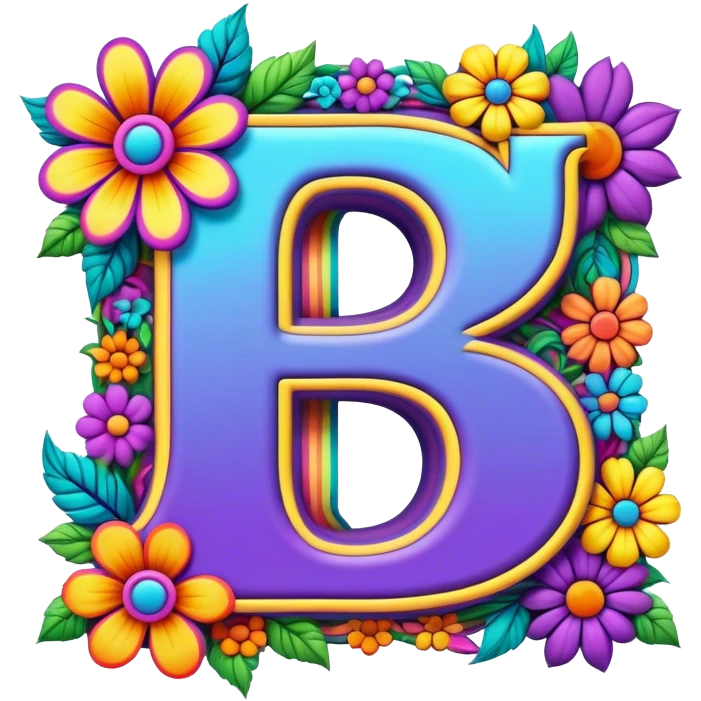 3D, gothic style psychedelic colored Letter “D” with hippie style flower border emoji