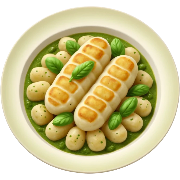 Gnocchi Cinematic Realistic Gnocchi Dish Emoji, depicted as tender oblong potato gnocchi garnished with iconic fork marks on top, rendered with soft textures and warm, inviting lighting. add green  sauce on top emoji