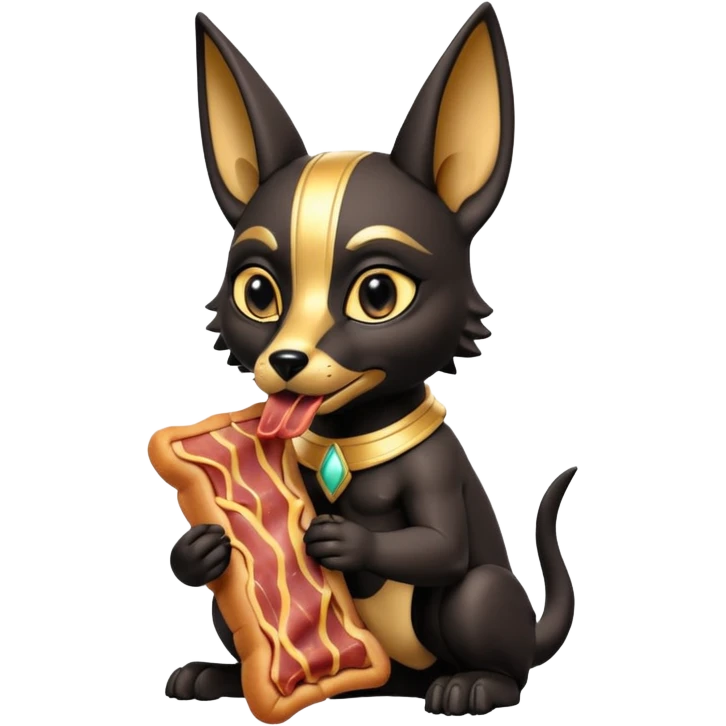  mean Short-eared Black fur beautiful female alien anubis puppy statue posed biting on bacon packaging  emoji