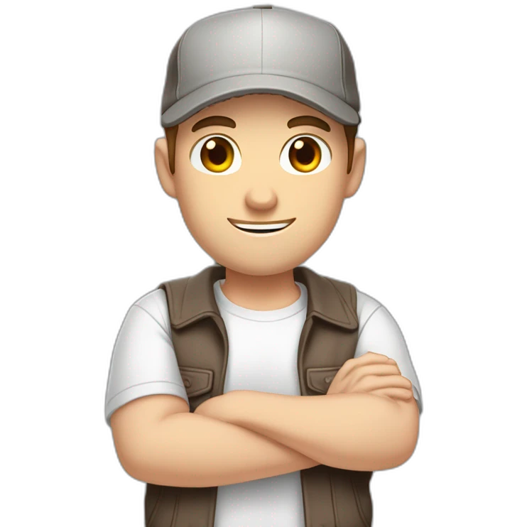 Pale skinned fit Man with dark brown hair in a light gray cap, dark brown jeans, brown polo and white T-shirt keeping a pasted with tape white box into his hands emoji