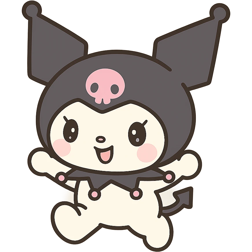 Kuromi character jumping pose, cute style, transparent background emoji