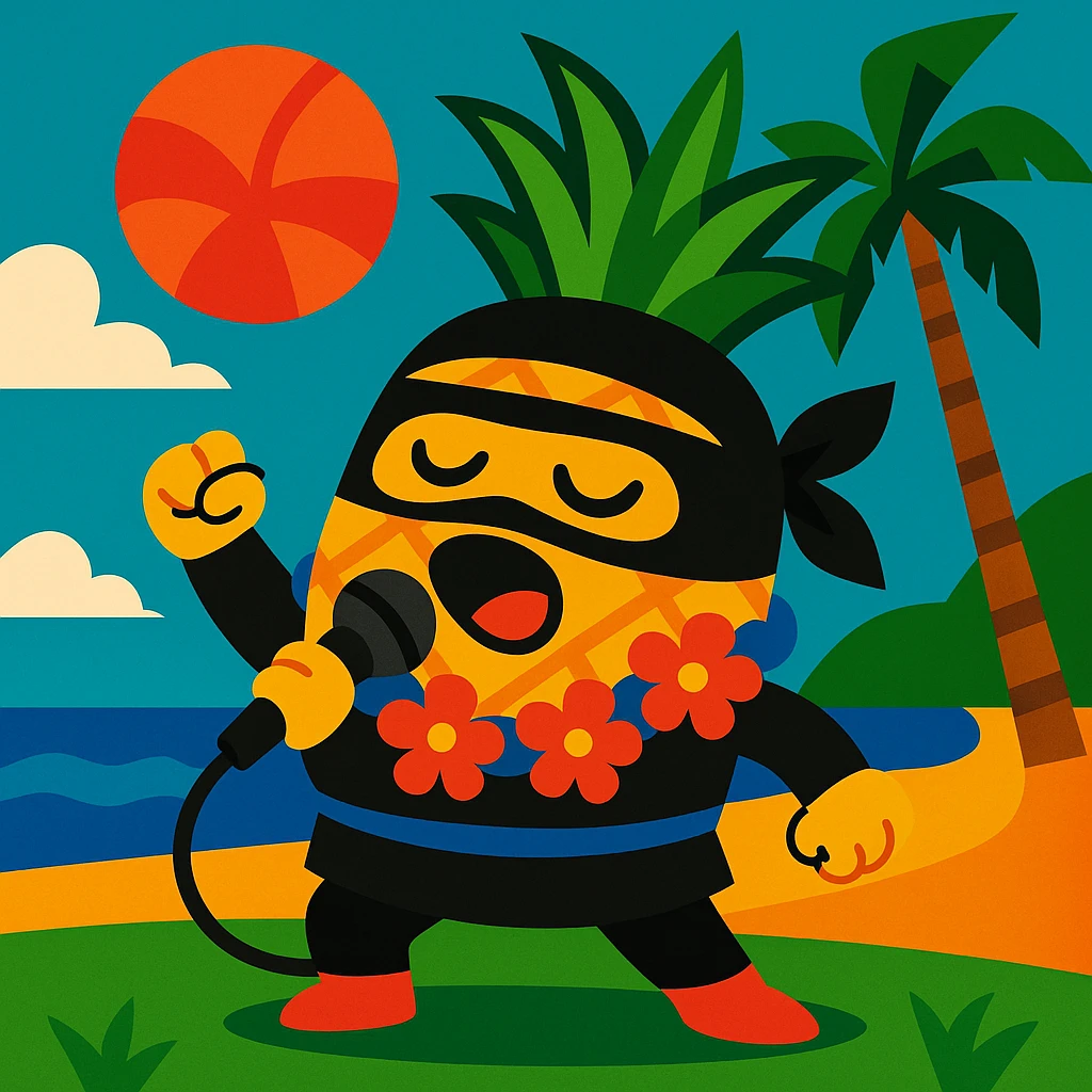 a pineapple singing in Hawaii, wearing a ninja costume, vibrant colors emoji