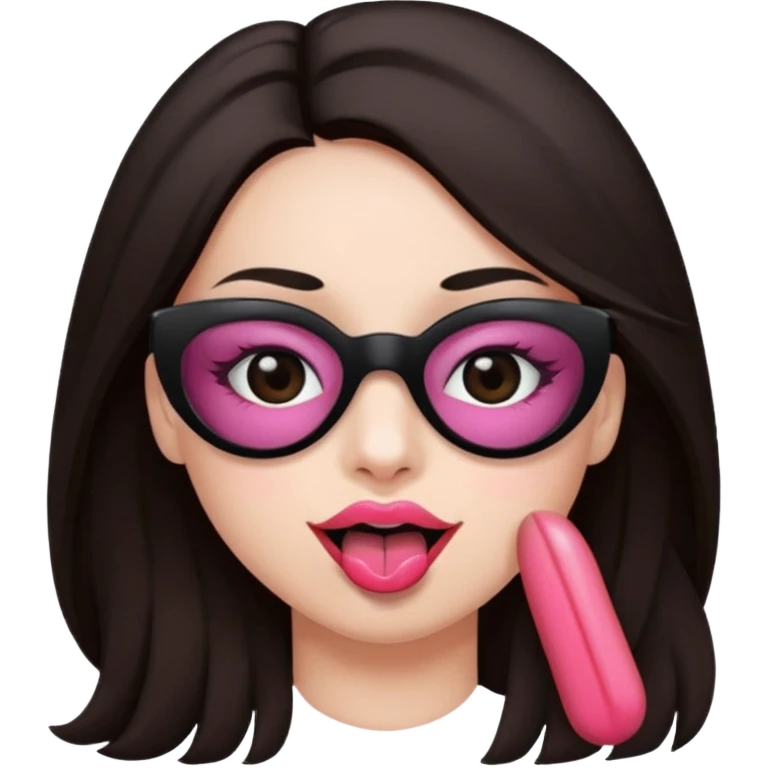 woman with dark brown hair wearing black band over eyes with tongue out emoji