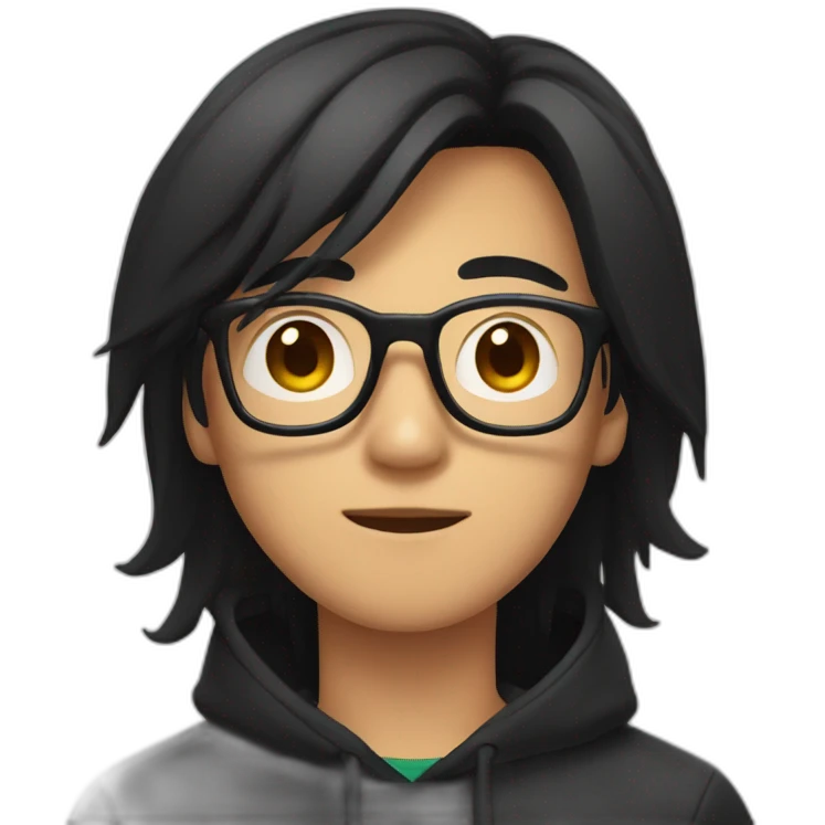 Asian Guy with long black hair and square glasses and black hoodie emoji
