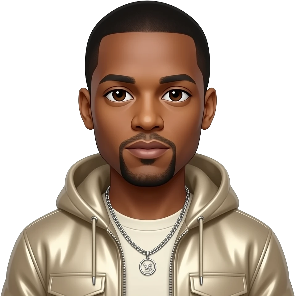 Kanye West with dark brown eyes, black buzz cut hair, beige metallic hip-hop outfit, necklace emoji