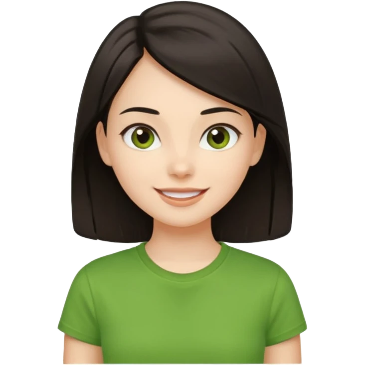 Young girl with straight, dark hair, well-groomed and pretty, wearing a green T-shirt, with a happy and lively expression. emoji