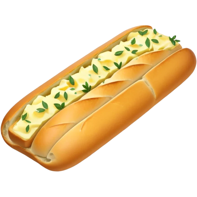 Garlic bread baguette with the first slice visible with butter and herbs sprinkled on it emoji