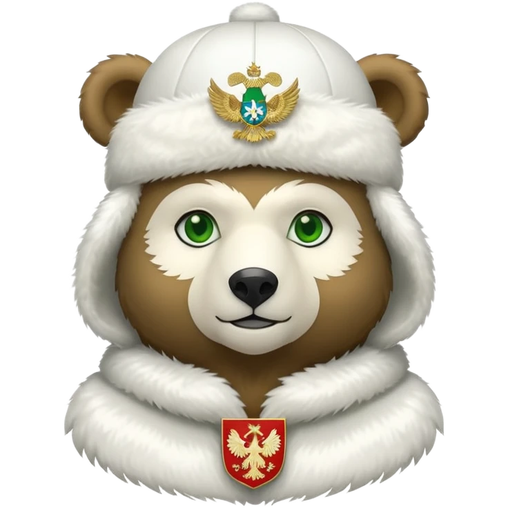 Cute stylized bear with green eyes, white fur hat with basic Russian coat of arms featuring double-headed eagle, minimalist iOS emoji style emoji