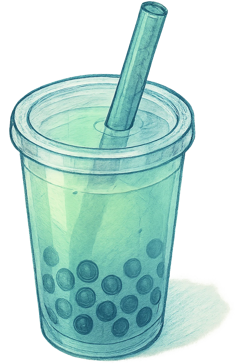 hand-drawn volumetric bubble tea cup with a straw, blue and green colors, side view, sketchy illustrated style, expressive shadows and highlights for 3D look emoji