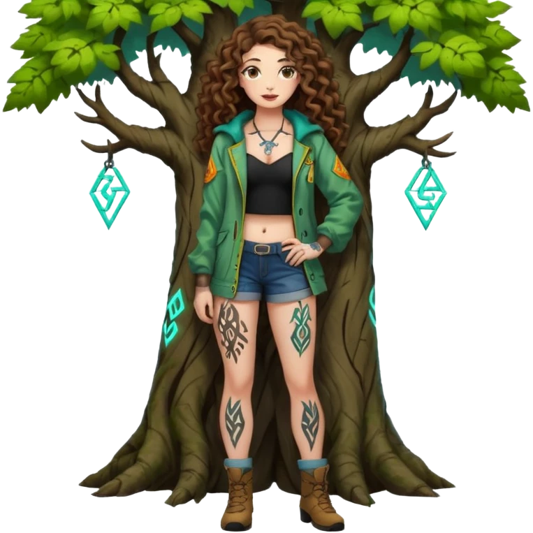 full body view of a woman with long curly brown hair, brown eyes, white skin, tattoos, leaning against a tree covered in neon runes, open forest jacket, flirty confident stance emoji