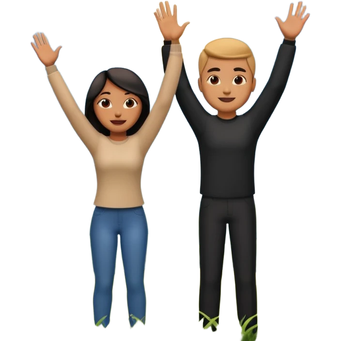 A 3D cartoon couple on top of a hill raising hands in victory, sunny sky and nature background, Memoji-style. inside photo frame. emoji