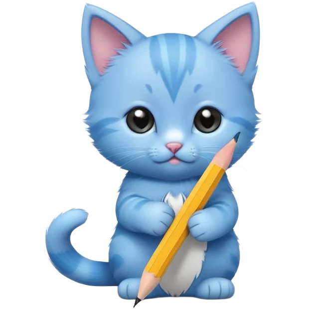 Close-up of a cute blue kitten holding a pencil in its paw, writing something. The pencil is sharpened on only one side. Minimalist design with a focus on the kitten and the pencil, minimal details emoji