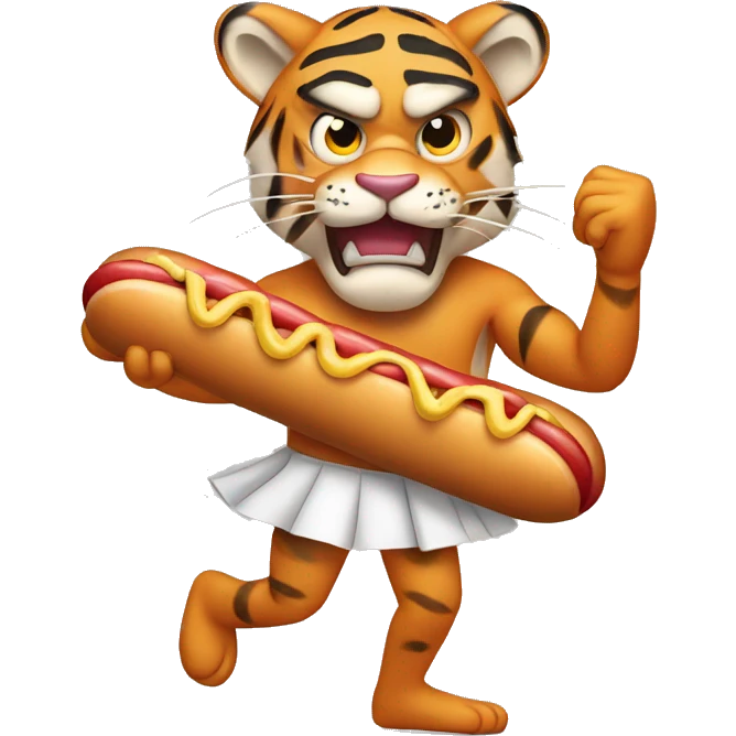 angry tiger wearing ballet slippers and holding a hot dog emoji