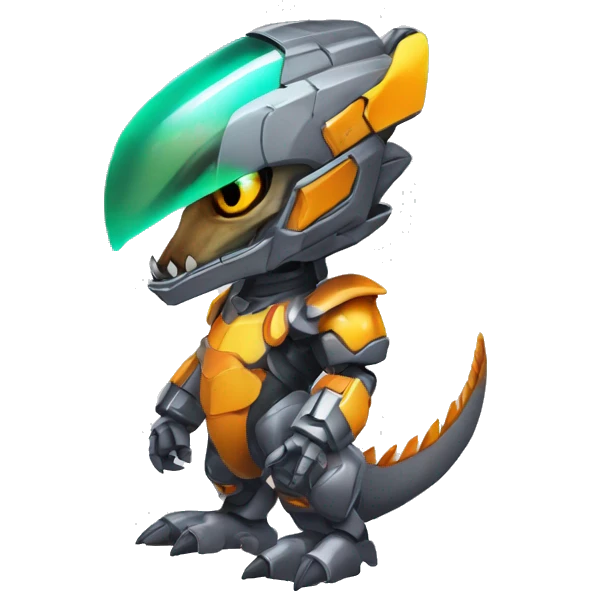 Colorful Edgy Chibi Greymon-Velociraptor-Genesect-Fakémon-Pokémon wearing a with a futuristic visor-helmet And Mecha-suit Full Body emoji