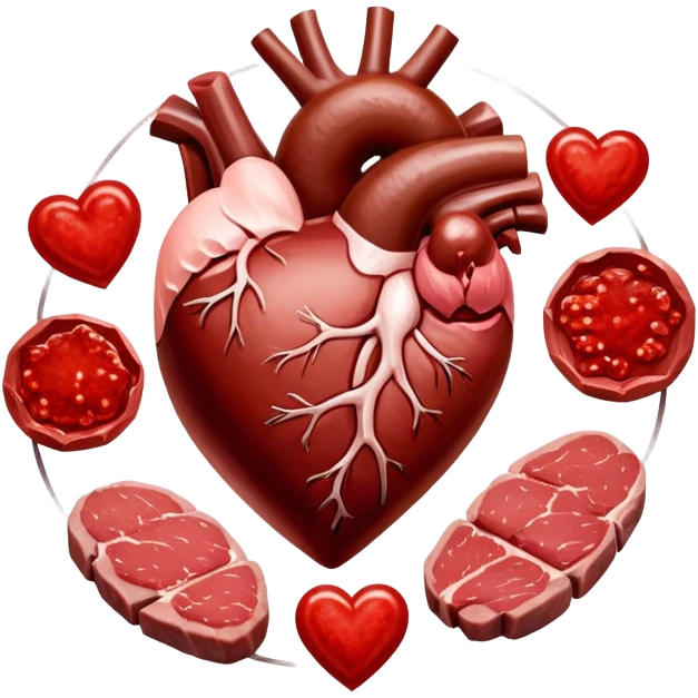 Several cuts of steak, beef, and liver arranged in a circle around a pulsing heart and bright red blood cells. Red energy flows from the meat into the blood cells, which then carry oxygen to the heart and muscles, representing iron's role in energy production. emoji