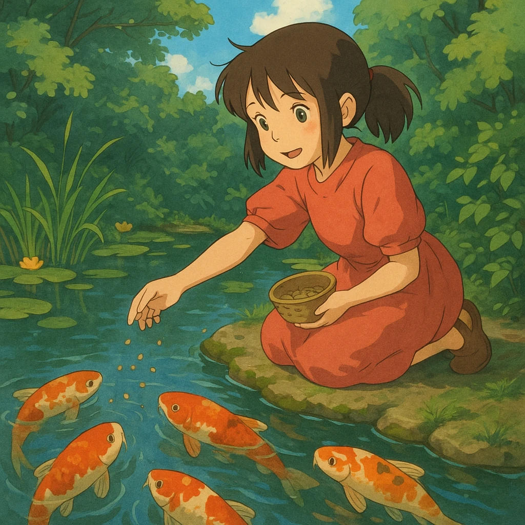 girl feeding koi fish in a pond emoji