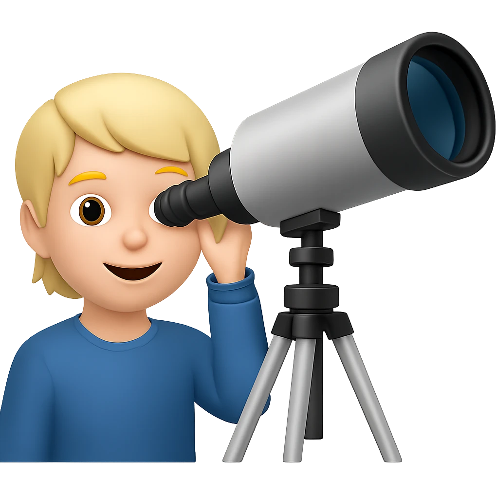 Make the telescope much bigger, keep the child happy, in emoji style with no background. emoji