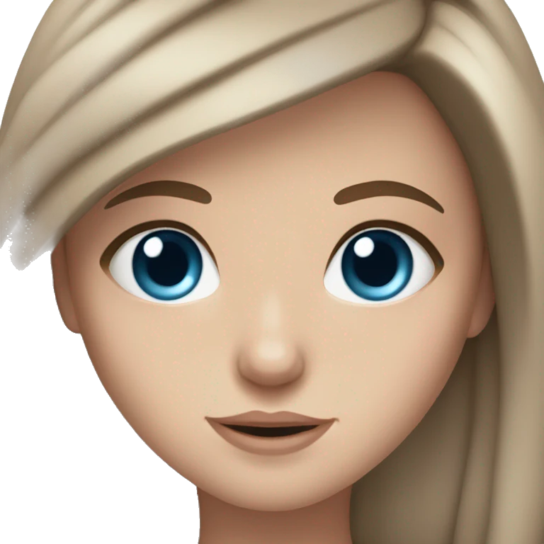White girl with long brown hair blue eyes and a model emoji