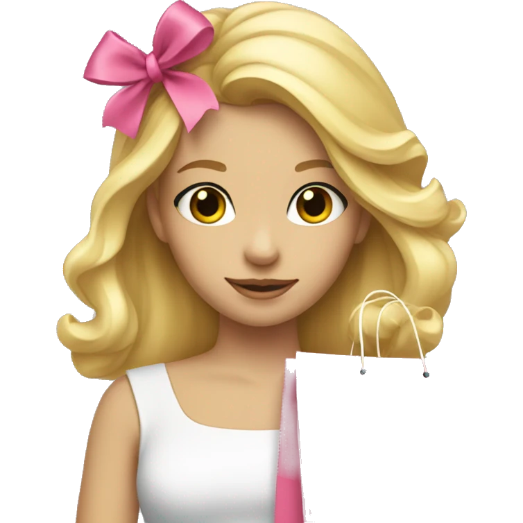 A blonde girl with a pink bow in hair holding shopping bags emoji