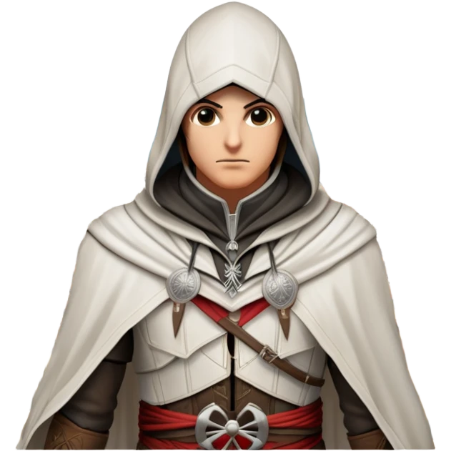 icon featuring Assasin's Creed in an iconic assassin's hood, standing tall against the backdrop of Florence. The design captures the essence of adventure, with intricate details of historical architecture and a sense of mystery. The character is poised, ready for action. transparent background. emoji