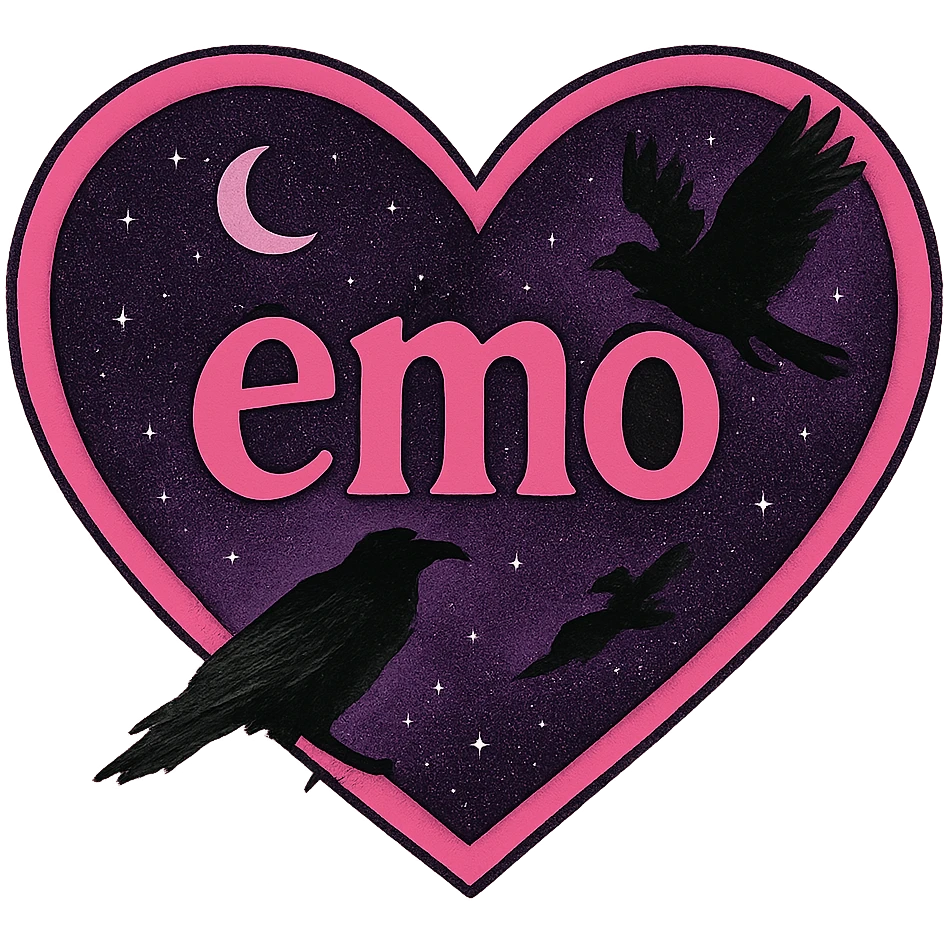 emo heart with night sky and dark ravens, remove background, pink emoji