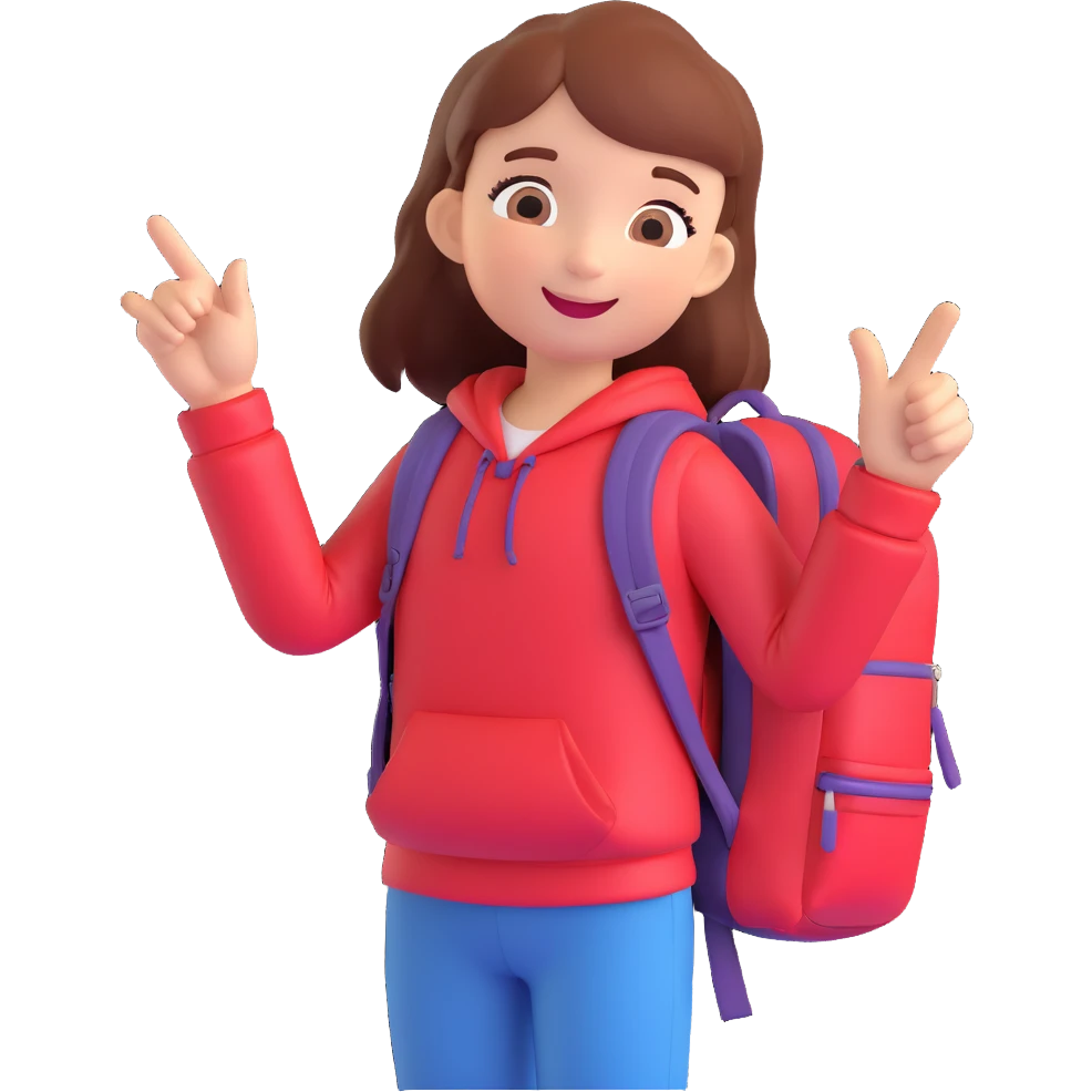 young girl with red backpack, left hand pointing up to the left, emoji style, cheerful expression emoji