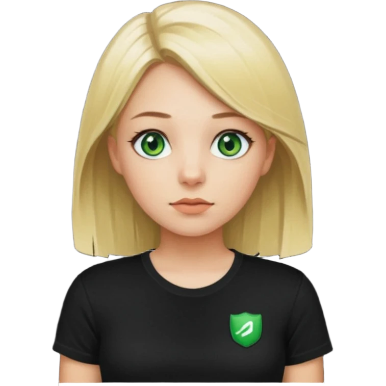 Girl with green eyes, blonde with straight medium length hair, and front buckles to the chin, in a black skims t-shirt emoji