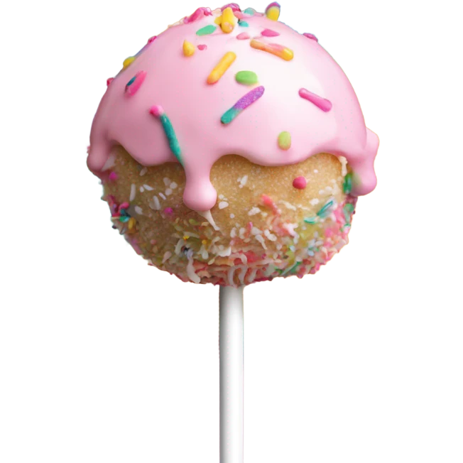 Cake pop with pink icing and rainbow sprinkles and white drizzle  emoji
