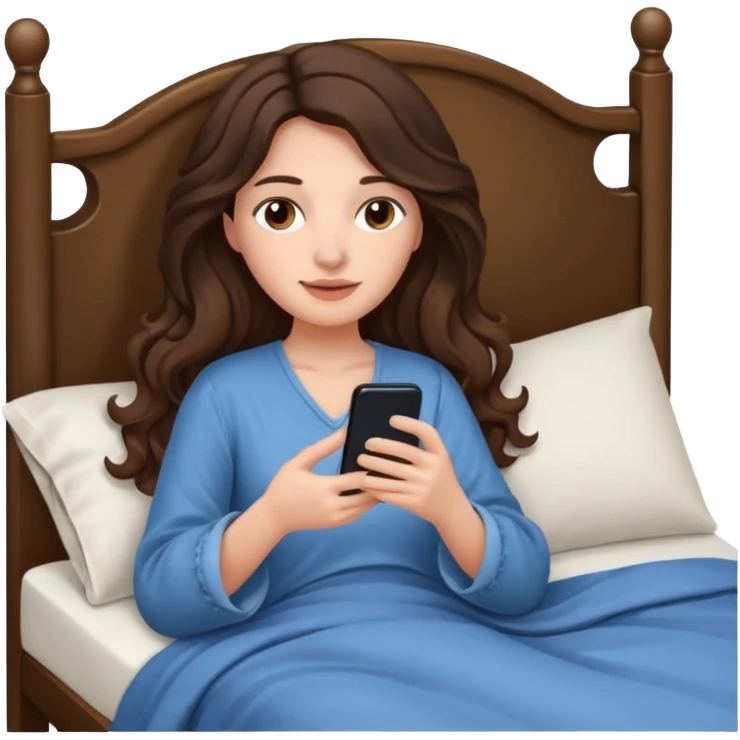Brunette woman long wavy hair in bed with one hand holding her phone and the other hand under the covers emoji