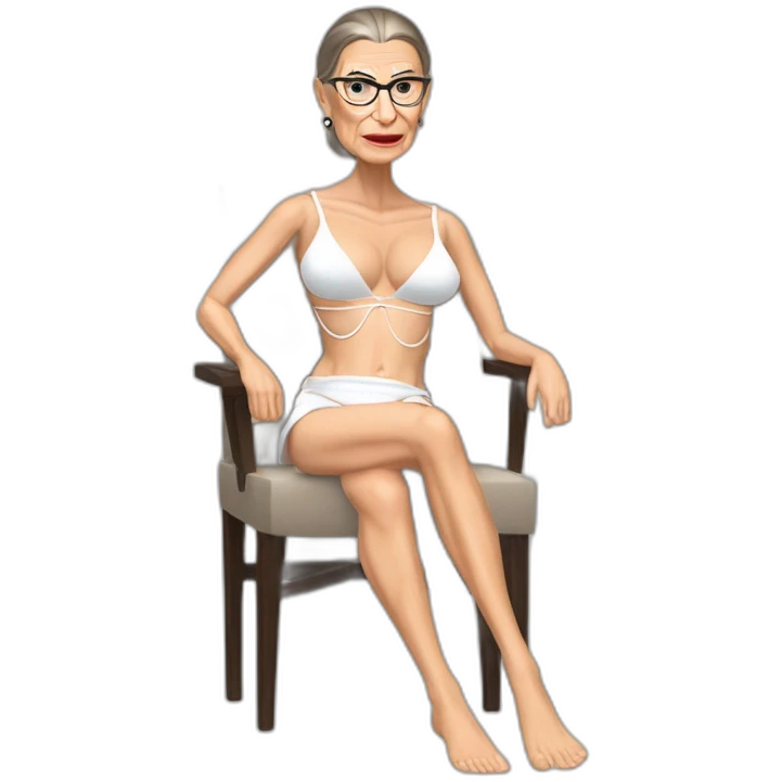 sexy ruth bader ginsburg wearing string bikini top and a skirt acting out that scene from basic instinct sitting facing forward legs apart(full body, ios17, sitting legs spread apart) emoji
