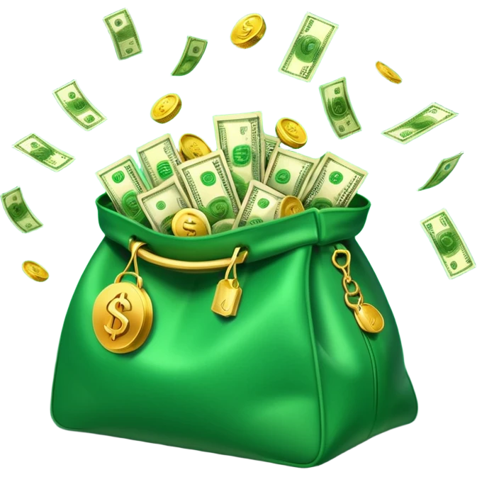 

3D emoji style, big bag of money, flying dollar bills, rich casino vibe, smooth lighting, high detail, clean edges, transparent background



 emoji