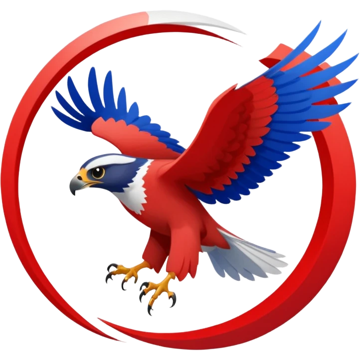 a realistic falcon in a downward spiral, wings tucked, sense of speed, falcon colored red, white, and blueish emoji