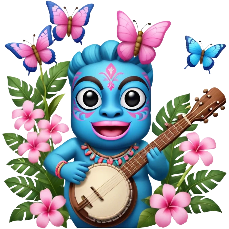 Pixar style little Blue and pink tiki singing with a butterfly, banjo, and tropical flowers, ultra detailed and lifelike imagery, realistic emoji